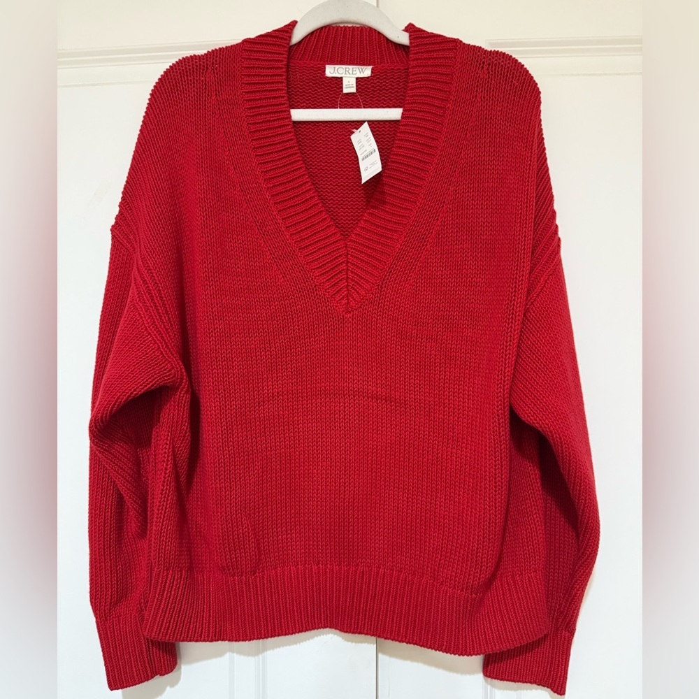 J. Crew  Red Relaxed V-Neck Sweater NWT Top Rated Sz L 💯% Cotton